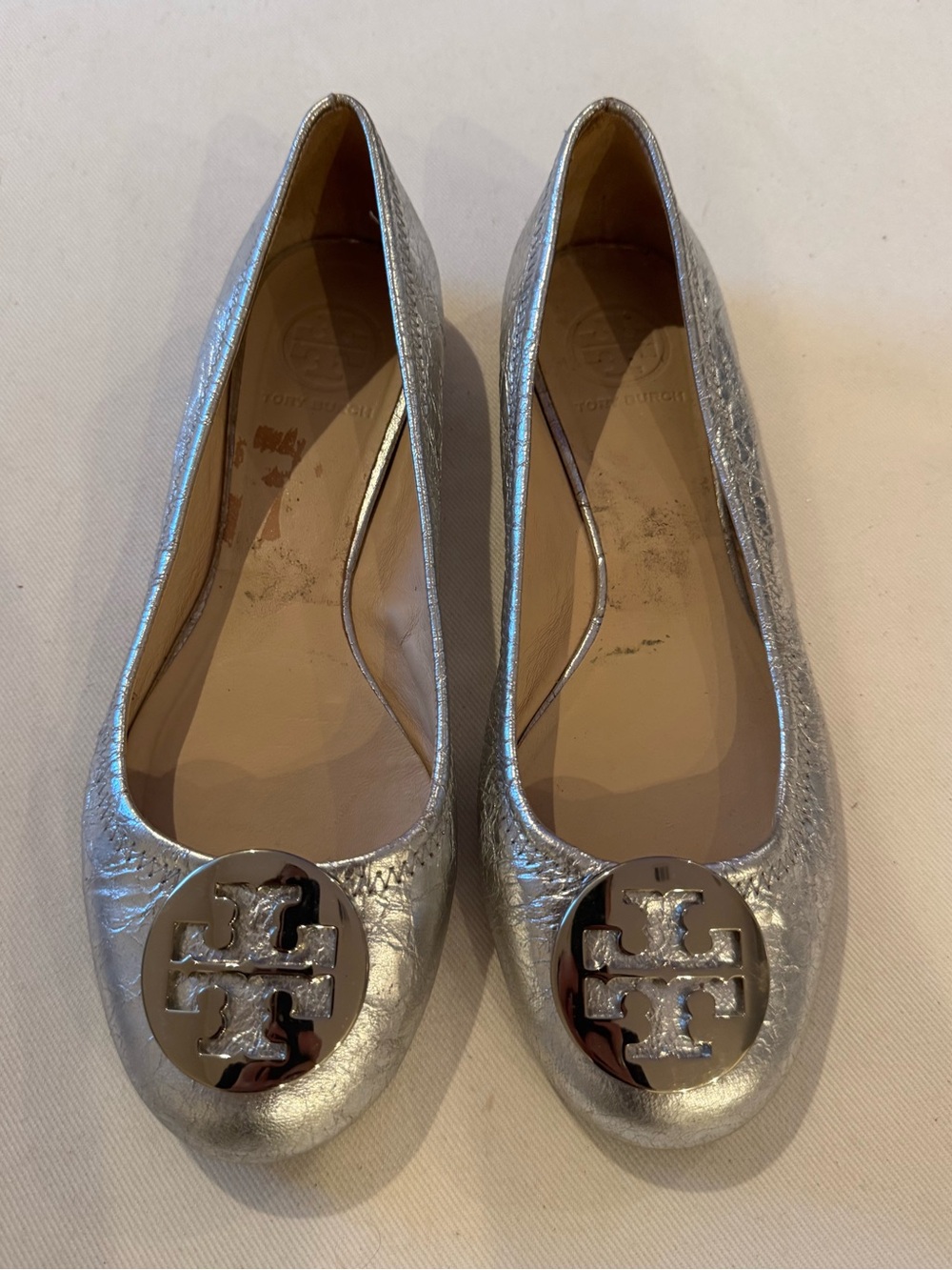 Tory Burch Metallic Silver Logo Ballet Flats Tory Goat Leather Vulcan 8